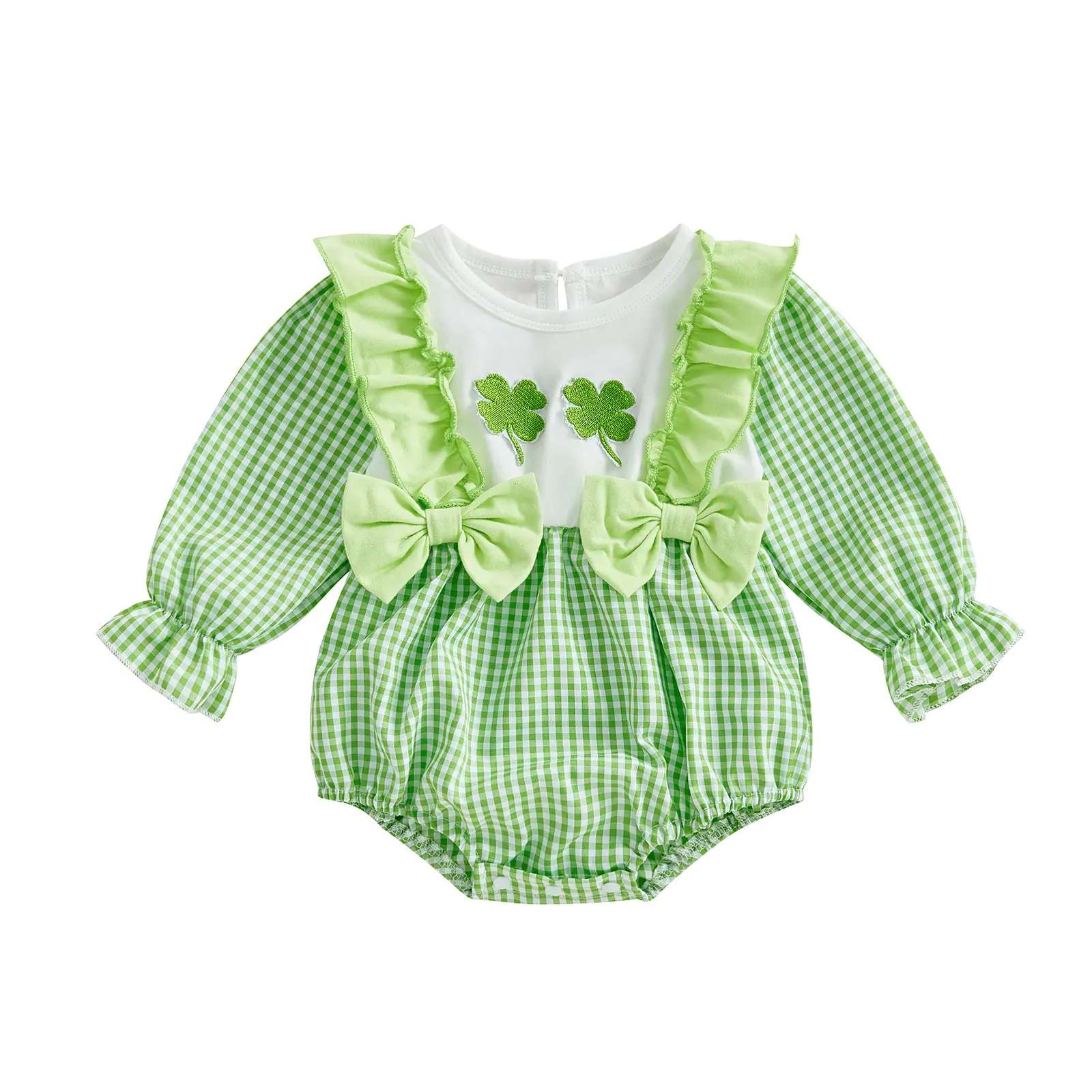 St Patricks Day Baby Girl Outfit Infant Long Sleeve Smocked Bubble Romper Newborn Plaid Bodysuit Cute Toddler Girl Summer Clothes