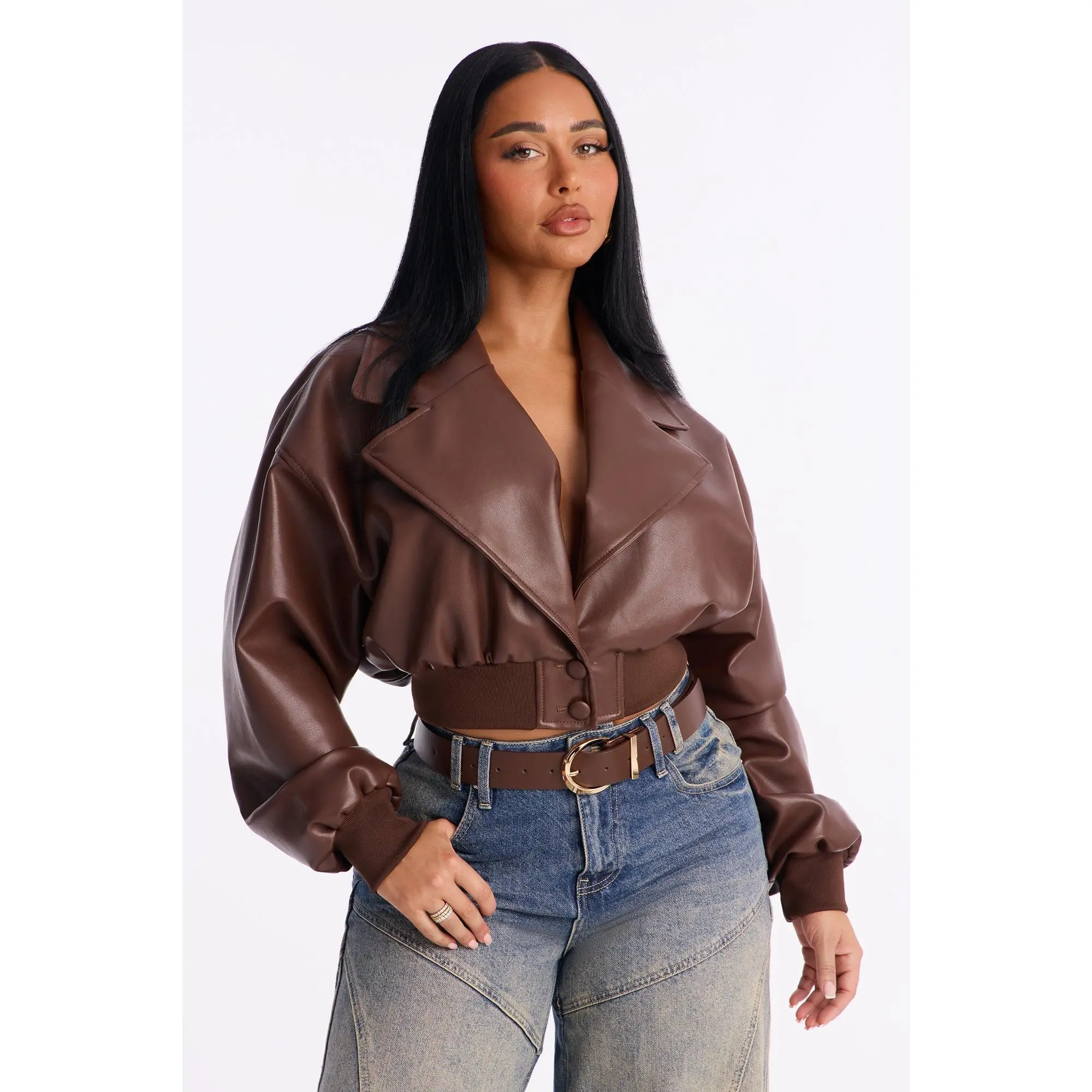 Janet Cropped Faux Leather Moto Jacket - Brown