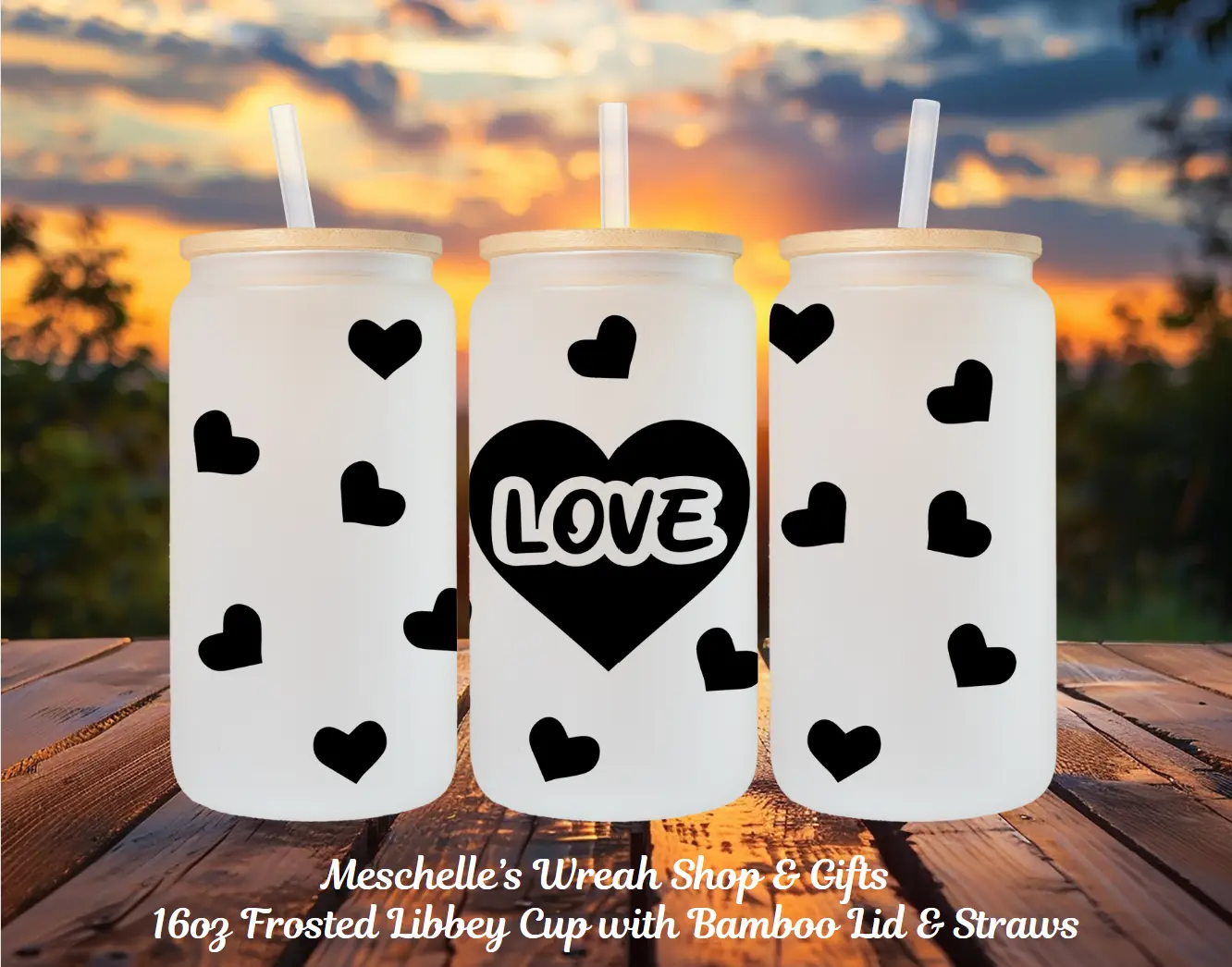 16oz Frosted Black Heart-Shaped Glass Cup - Reusable, Portable, Washable Drinkware with Straw and Bamboo Lid, Ideal for Beer, Iced Coffee