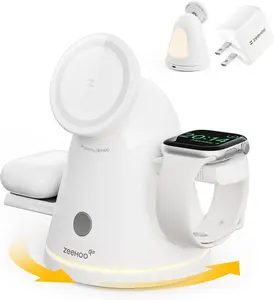 ZEEHOO 4-in-1 Wireless Charging Station with Mag-Safe Charger & Dimmable Night Light Qi2 15W Fast Charger for iPhone 16 Pixel 10 iWatch Samsung Watch AirPods 30W Adapter Included White Silicone Compact Protection Wearable Chargeable