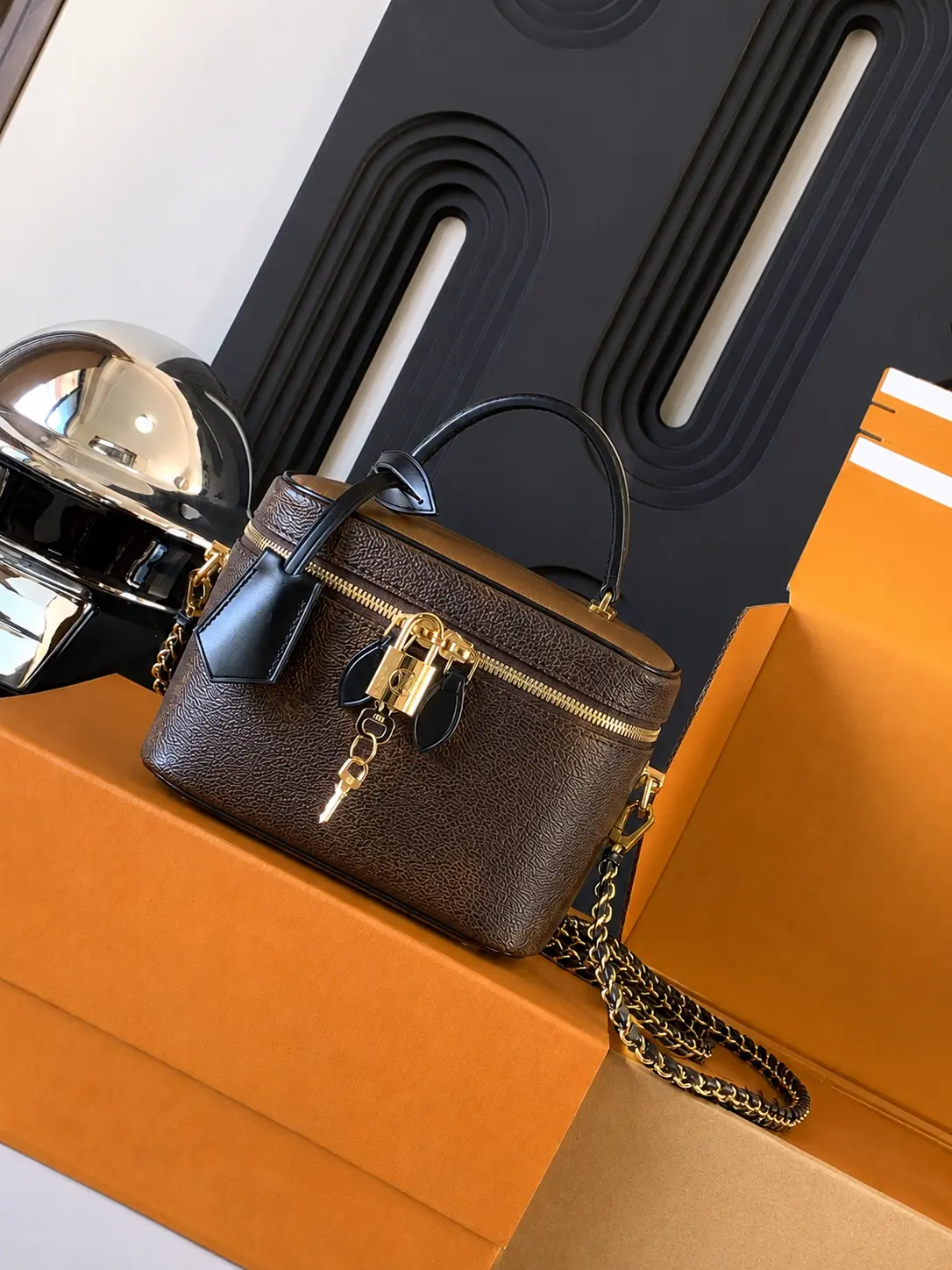 Women’s Structured Brown Vanity Case Crossbody Bag, Top Handle Purse with Chain Strap, Zip Closure and Padlock Accent