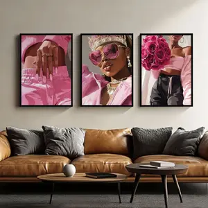 Black Queen Poster Set of 3, Pink Aesthetic Print, Black Girl Flowers Art, Black Woman Wall Decor, Luxury Fashion Wall Art, Home Decor