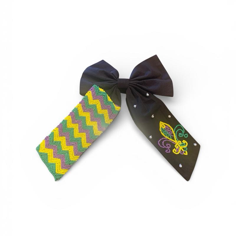HUGE 9.5" Mardi Gras Beaded Bow Black Purple Green Gold Oversized Hair Clip NOLA Carnival Outfit Accessories Jumbo Fleur De Lis Bow for Fat Tuesday Parade