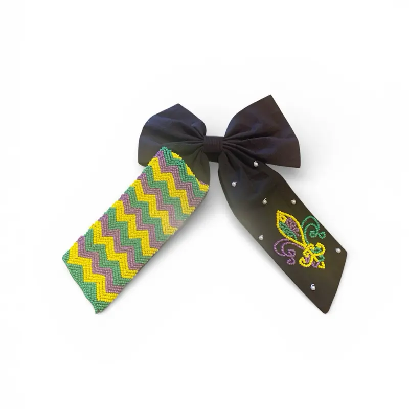 HUGE 9.5" Mardi Gras Beaded Bow Black Purple Green Gold Oversized Hair Clip NOLA Carnival Outfit Accessories Jumbo Fleur De Lis Bow for Fat Tuesday Parade