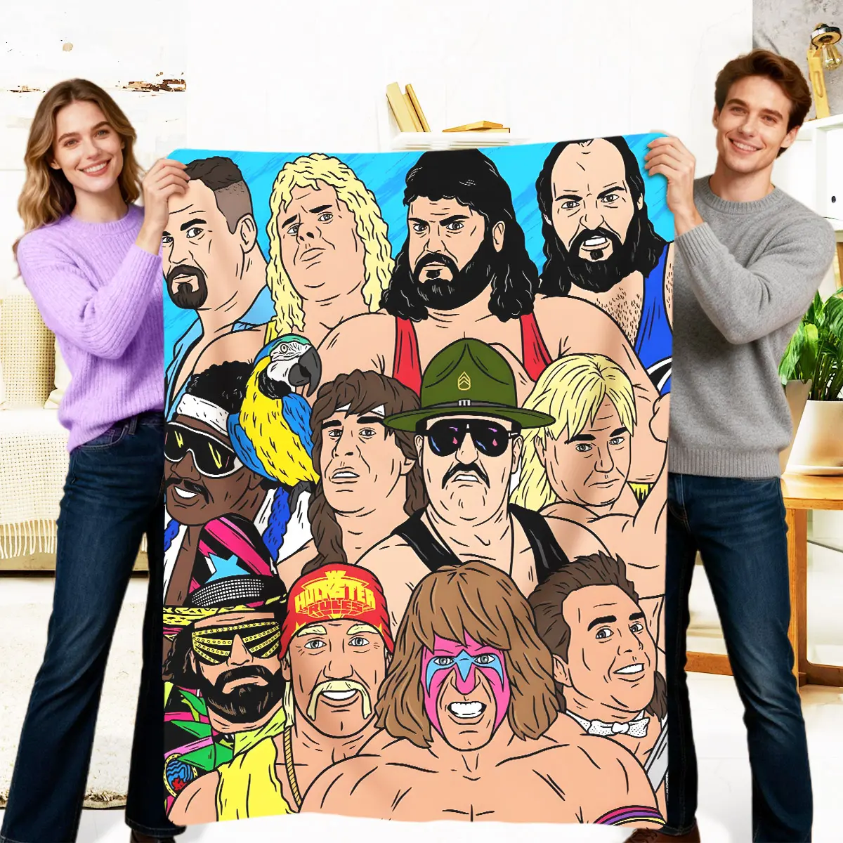WWF Wrestling Star Cartoon Faces Fleece Fabric Blanket - Foldable, Portable, Lightweight, Multi-functional Thin Throw for Home Sofa, Bed, Room Decor, House Decor