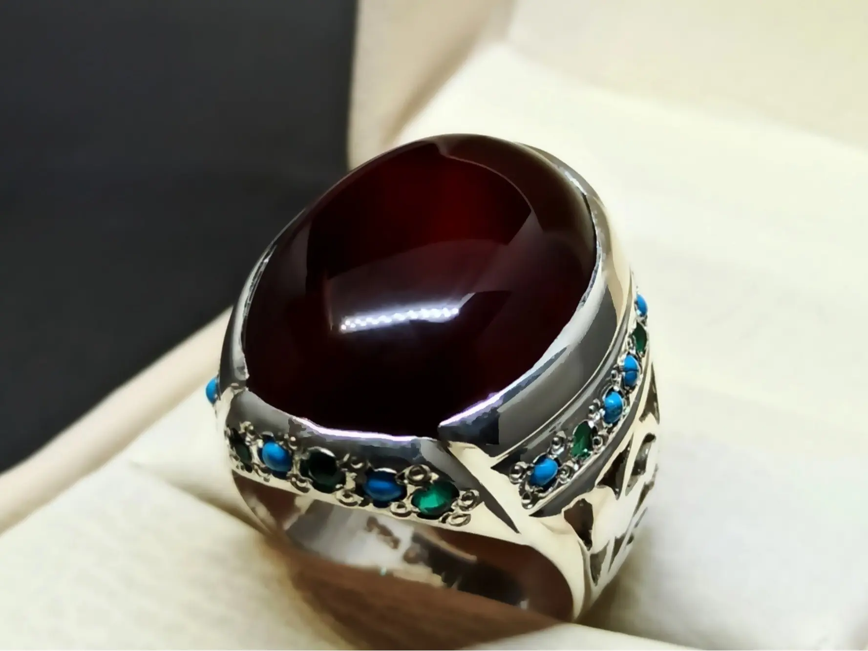 Natural Yemeni Blood Red Big Khabadi Aqeeq Sterling Silver 925 Handmade Carnelian Shifat al Abad Mens Lattice Ring