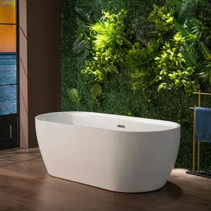 WOODBRIDGE 67" Acrylic Freestanding Bathtub Contemporary Soaking White Tub with Brushed Nickel  Overflow and Drain,B0063-BN