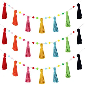 3 Pcs Colorful Boho Tassel Garland Rainbow Pom Pom Each 50'' Colorful Tassel Garland Classroom Decoration Boho Banner for Kid Nursery Wall Decor Baby Shower Back to School Decor(Rich Colors)