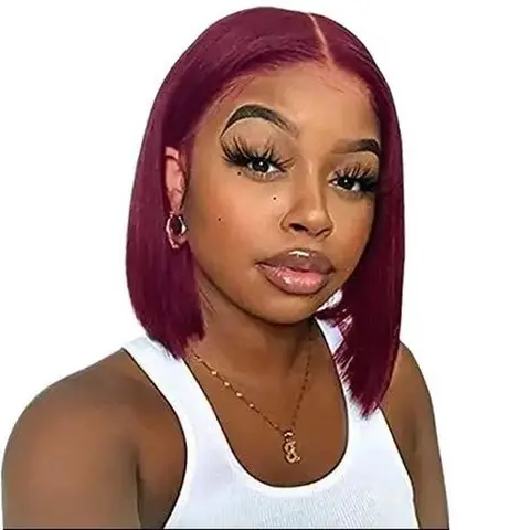 YMSGIRL #99J Burgundy Straight Human Hair Short Bob Wig, Pre-Plucked With Baby Hairs, 180% Density, Elegant Daily Wear & Girls' Hair Replacement