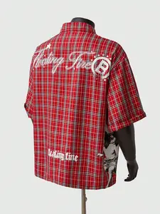 Men's Casual Red Plaid Lapel Shirt, Street Style With Gothic Text And Artistic Statue Print, Suitable For Street Fashion And Daily Wear