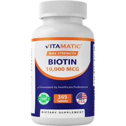 Vitamatic Biotin (Vitamin B7) 10,000 mcg Dietary High-Potency Supplement - 365 Vegan Tablets for Skin Care & Nails