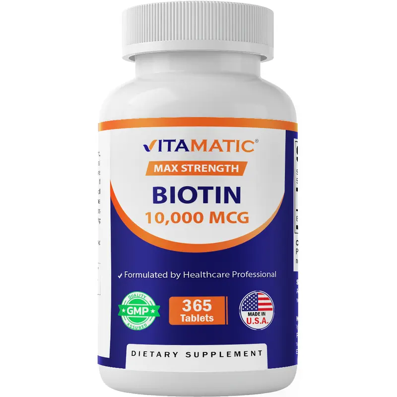 Vitamatic Biotin (Vitamin B7) 10,000 mcg Dietary High-Potency Supplement - 365 Vegan Tablets for Skin Care & Nails