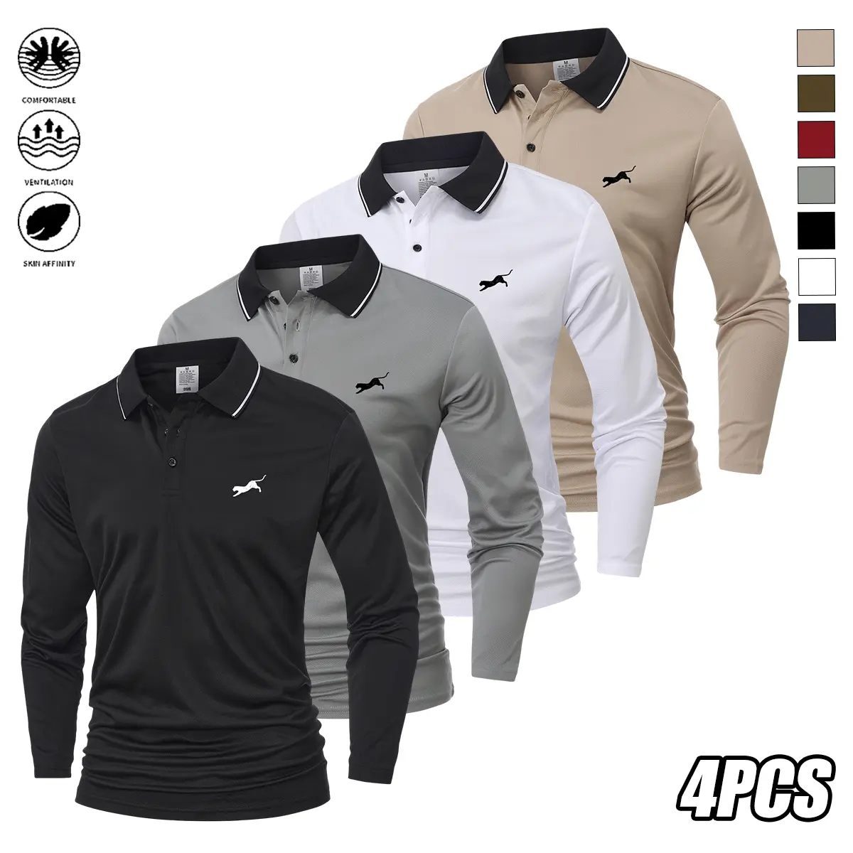 Men's 4-Pack Long Sleeve Polo Shirts, Casual Polyester Pullover with Contrast Collar for Golf and Office, Machine Wash, Menswear, Top