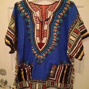 Unisex Blue African Dashiki Top. Multi Color. Short Sleeve. 100% Cotton L