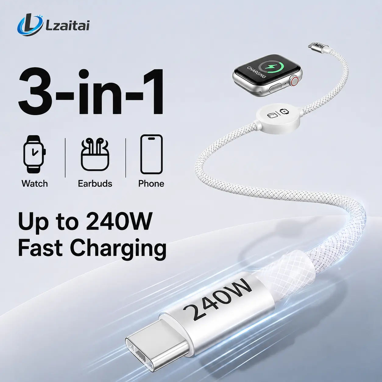 3-in-1 240W Travel Charger with Built-In Magnetic Watch Charger USB-C to USB-C Cable, 5FT Braided Cord, Compatible with Apple Watch Series/SE/Ultra, AirPods 3rd/4th Gen, Pro/Pro 2, iPhone, iPad, MacBook and Samsung