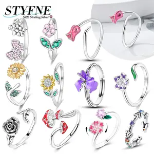 LUXJELWEL - Ring 925 Silver Flower Series Iris Tulip Lotus Sunflower Rotating Cherry Leaves Engagement Wedding Anniversary Gift Jewelry