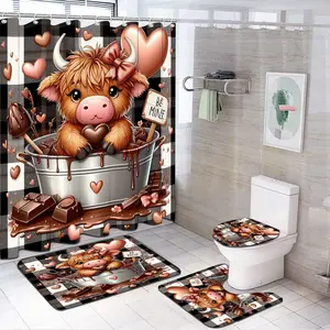 Vintage Bathroom Shower Curtain Set, 1pc/4pcs Highland Cow Design, Includes 12 Hooks, Non-Slip Bath Mat, U-Shaped Toilet Lid Cover