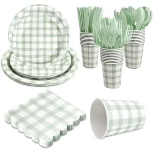 168 count Gingham Party Supplies for 24 Guests Thick Paper Plates and Napkins  Spoons Forks Cups Disposable Party Set Cutlery for Dinner  Shower Wedding Favor(Sage Green)