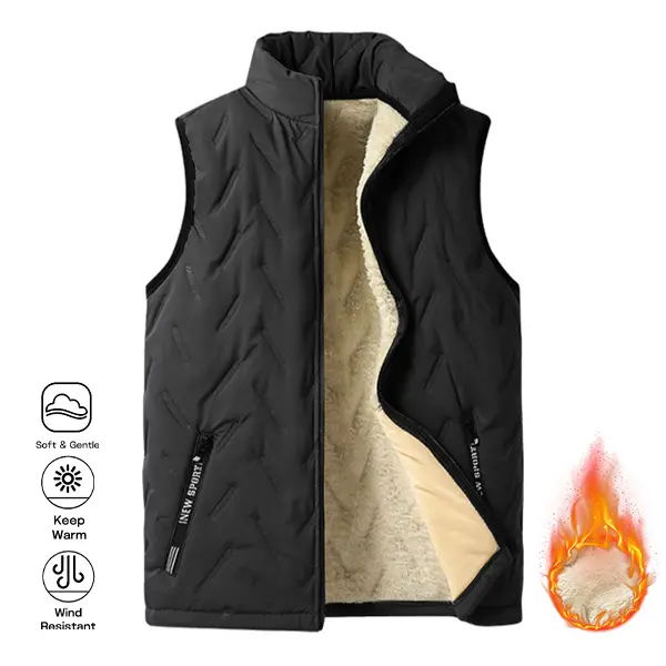 Minimalist Solid Black Winter Layering Gilet, High Stand Collar Enhances Cold Resistance, Full Front Zipper For Quick Wearing, Wrinkle-resistant Material Suits Daily Errands And Short Outdoor Activities Tops Man Bestie Tractor Beige Sleeveless