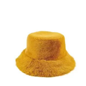 Regular hat 1pc Fluffy Bucket Hat, High-End Gift Cap, Fashionable Design, Thick Fur, Yellow Color,pink,black.
