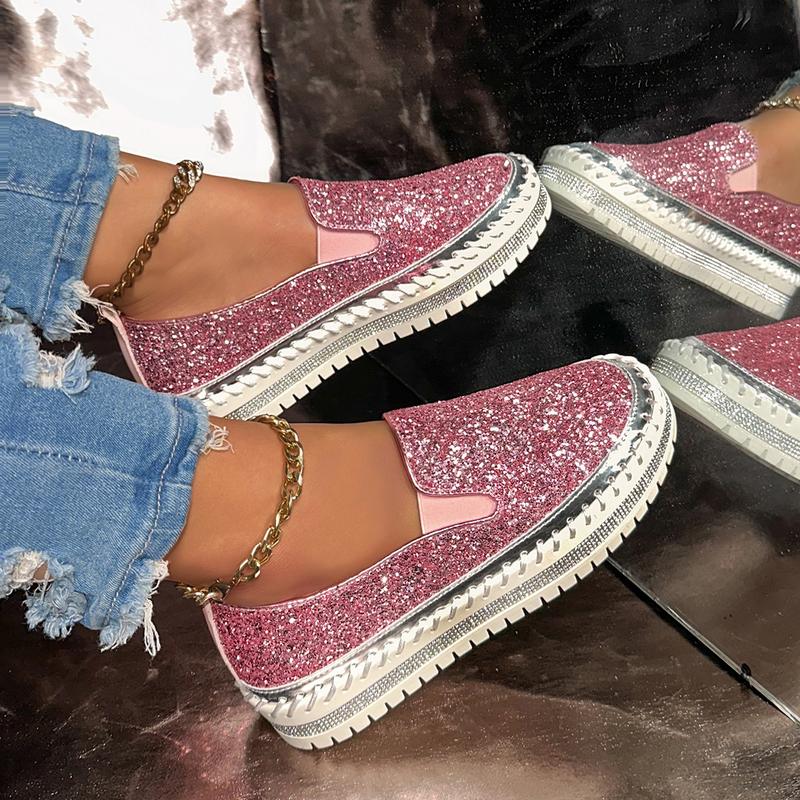 Women's Comfort Slip-On Shoes Fashion Glitter-Embellished Flats Casual Thick-Heeled Sneakers