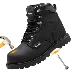Men’s Steel Toe Work Boots Leather Water Resistant Safety Shoes Non-Slip Industrial Construction Boots Black