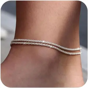 Bohemian Double Layer Anklet Sparkling Rhinestone Ankle Bracelet for Women Beach Wedding Foot Jewelry Elegant and Stylish