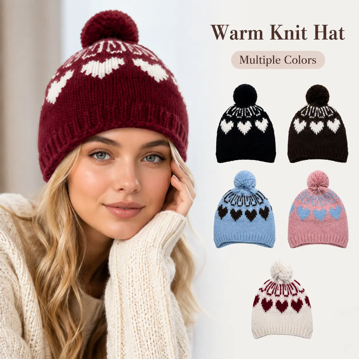 FEITAI Women's Fluffy Crochet Thermal Hat - Slouchy Pom Pom Design for Fall & Winter Cold Weather