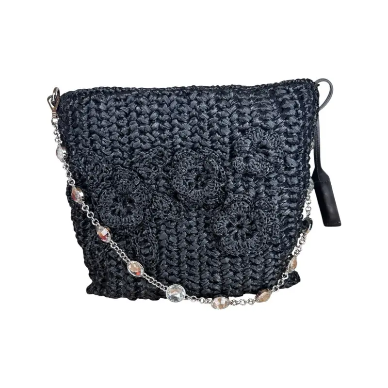 Pre-owned miu miu raffia Crossbody Bags Flower Crystal Chain Shoulder Crossbody Bag, Crafted in a Textured Woven Raffia
