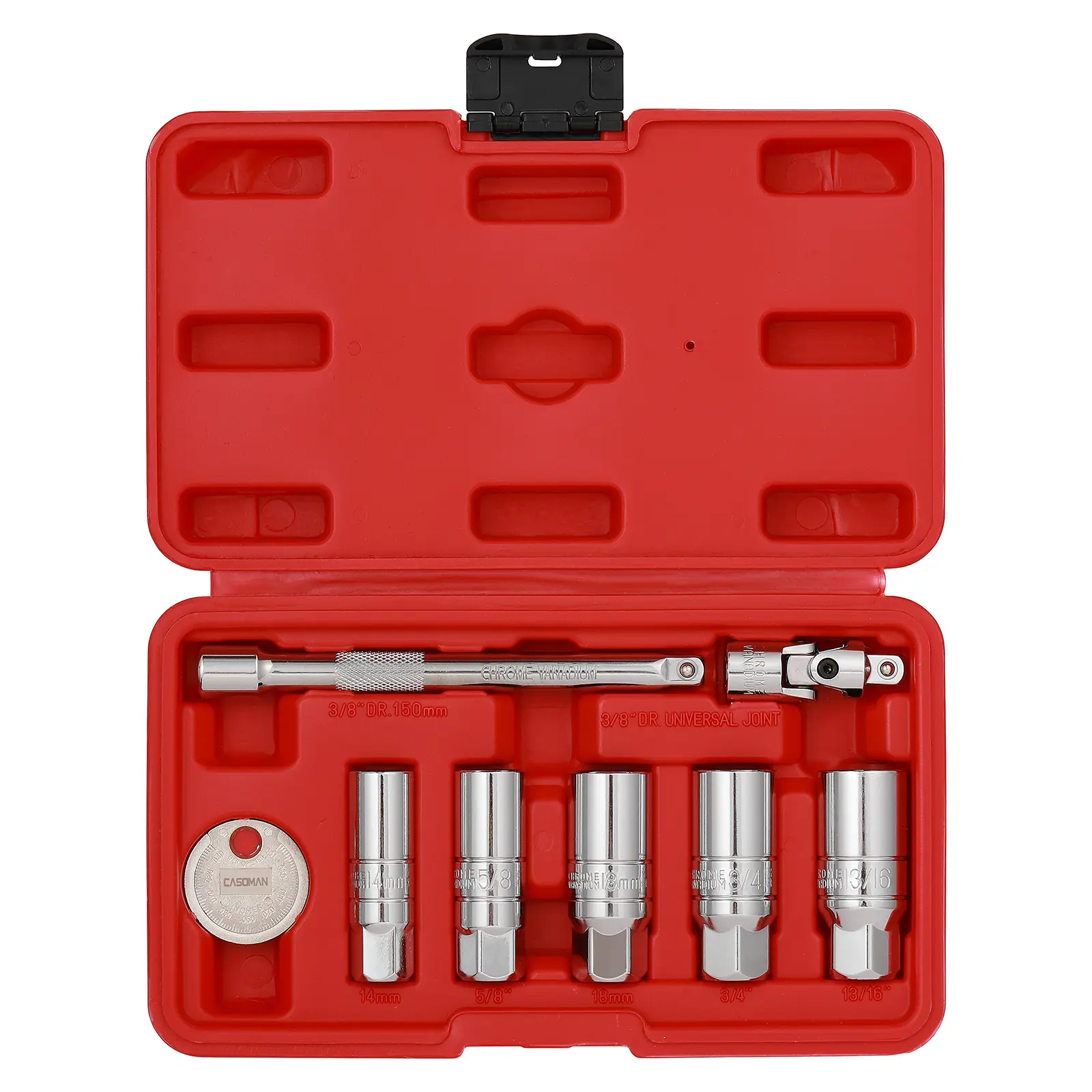 CASOMAN 3/8-Inch Drive 6-Point Spark Plug Socket Wrench Set, 8-Piece Heavy-Duty Chrome-Vanadium Steel Kit with Wrench Extend Rod, 6-Inch Extension Bar, Universal Joint, Spark Plug Gapper, Rubber Retaining Ring, Laser Etched Sizes, ANSI Standard Compliant