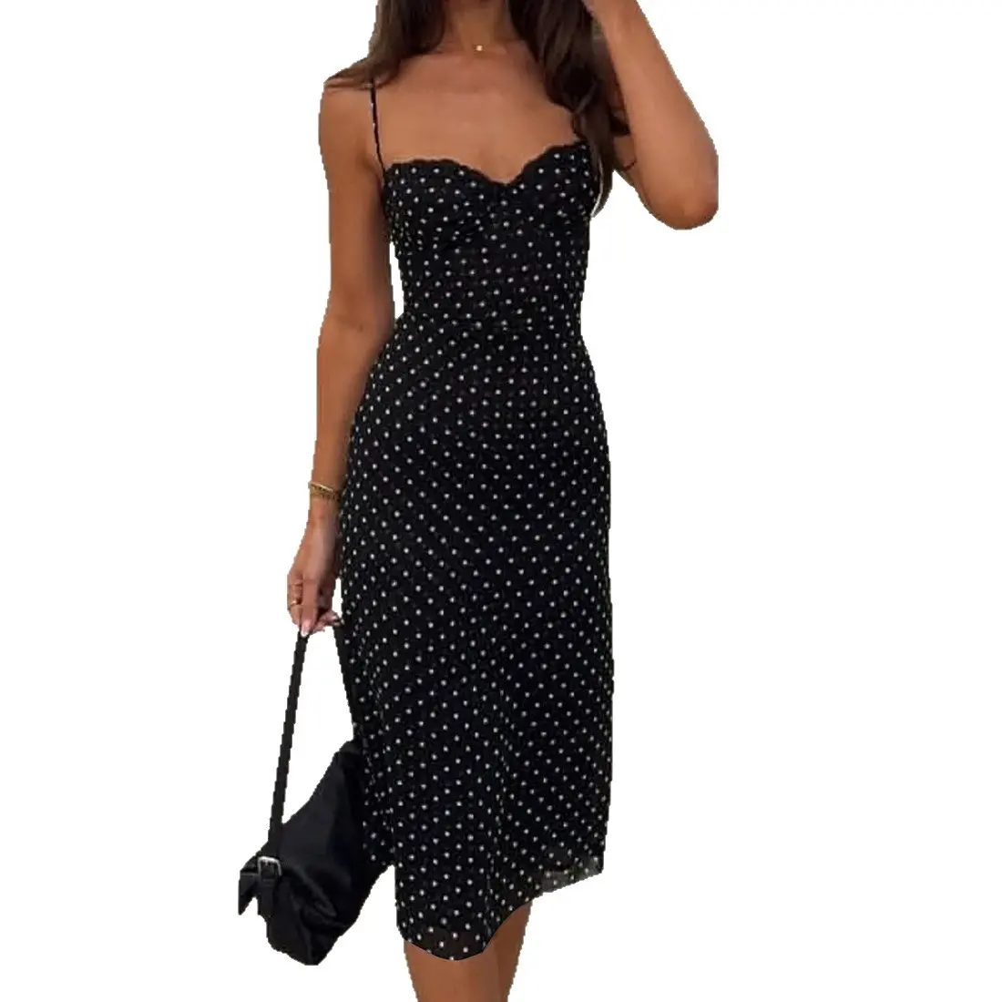 Spring Summer Clothes Women's Polka Dot Print Dress  V Neck Lace  Slim Sling Dress Fashion  Party Streetwear Long Dress