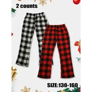 Girls' Soft Plush Pajama Pants Set, Fleece Lined Checkered Christmas Sleepwear, Elastic Waistband Home Clothes for Fall Winter