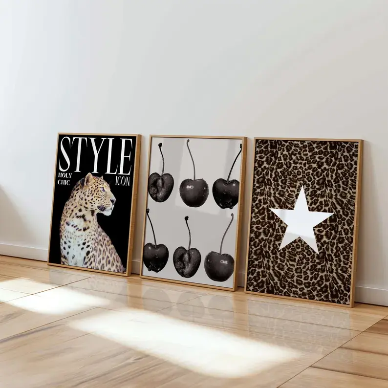 Set of 3 Leopard Cheetah Cherry Wall Art Print, Star Leopard Pattern Art, Style Holy Chic Icon Cheetah Poster Gallery Wall