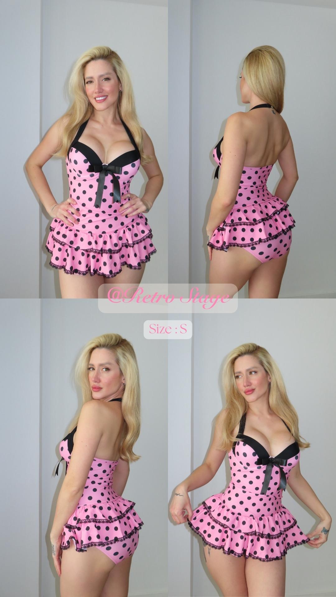 RETRO STAGE Women's 1940s Vintage Pink Gingham Halter 1-Piece Swimsuit, Polka Dots, Dainty Bow, Ruffled Hem, Backless, Comfortable Fit, Bathing Suit, One Piece Swimsuit,summervibes
