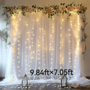 1set 9.84ft x 7.05ft White Sky Blue Pink Green Purple Champagne Sheer Backdrop Curtains with Lights for Baby Shower Wedding Bridal Shower Happy Birthday Party Decor Photobooth Props Holiday Festival Decor Home Decorative Hanging Ornaments