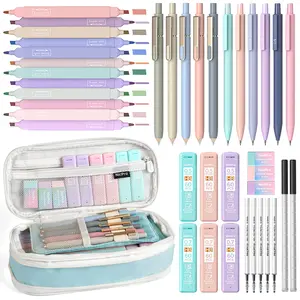 Nicpro 39 PCS Aesthetic School Supplies with Cute Pen Case, 12 Pastel Highlighters, 5 Black Ink Gel Pens, 6 Mechanical Pencils Set 0.5 & 0.7mm for Students Stationary College Essentials (Blue)