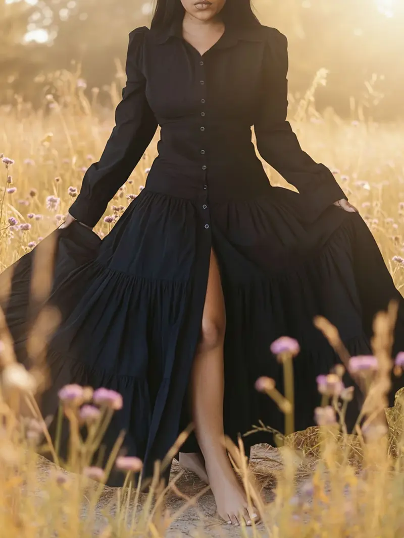 Plus Size Maxi Dress for Women – Elegant Button Down Long Sleeve High Slit Shirt Dress, Chic Evening Outfit