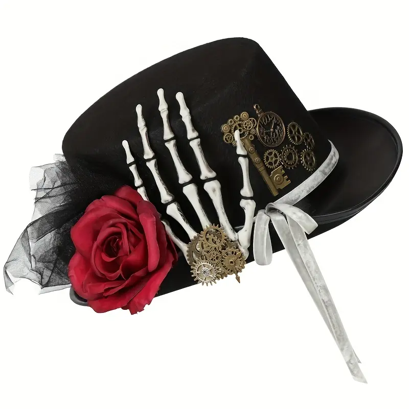 Unisex Gothic Victorian Steampunk Polyester Top Hat (58-60cm, Handmade) - Women's Historical Period Fashion Accessory with Metal Gear Rose, Skeleton Hand for Halloween, Party Events