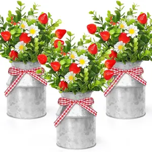 3 Pack Artificial Strawberry Mason Jar Table Centerpiece, Fake Strawberry Daisy Plants with Faux Leaves for Summer Farmhouse Wedding Decor, Tiered Tray Tabletop Display
