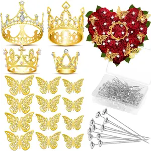 Crowns for Flower Bouquets, Flower Bouquet Accessories Including 4 Pcs Bouquet Crown, 12 Pcs Butterfly Decorations and 50 Pcs Flower Pins for Birthday Wedding