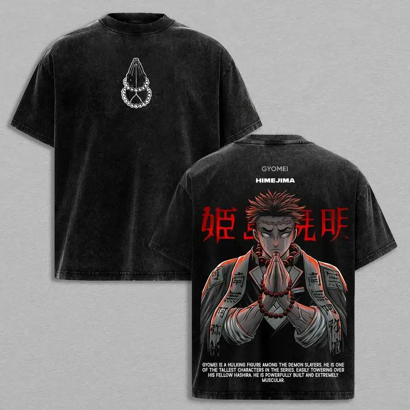 Men's Gyomei Himejima Demon Slayer T-Shirt - Unisex Baggy Oversized Relaxed Fit Short-Sleeve Seamless Retro Anime Apparel, Vintage Washed Heavyweight Soft Cotton Tshirt, Shortsleeve, Loose, Round Neck