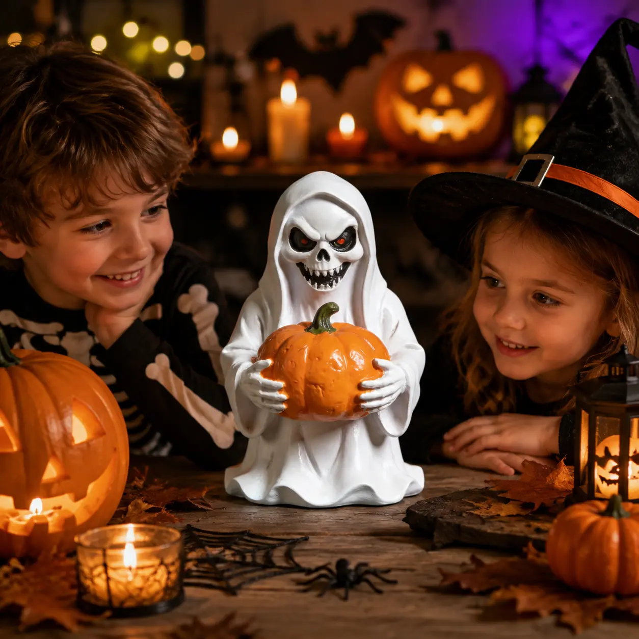 Resin Ghost Skeleton Figurine Holding Pumpkin, Mini Halloween Tabletop Statue, Hand‑Painted Spooky‑Season Ornament for Shelf, Fireplace Mantel, Desk And Indoor Party Table Display