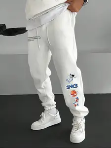 Men's Astronaut Letter Print Joggers, Elastic Waistband, Comfortable Casual Sportswear, Loose Fit, All Seasons, Daily Use