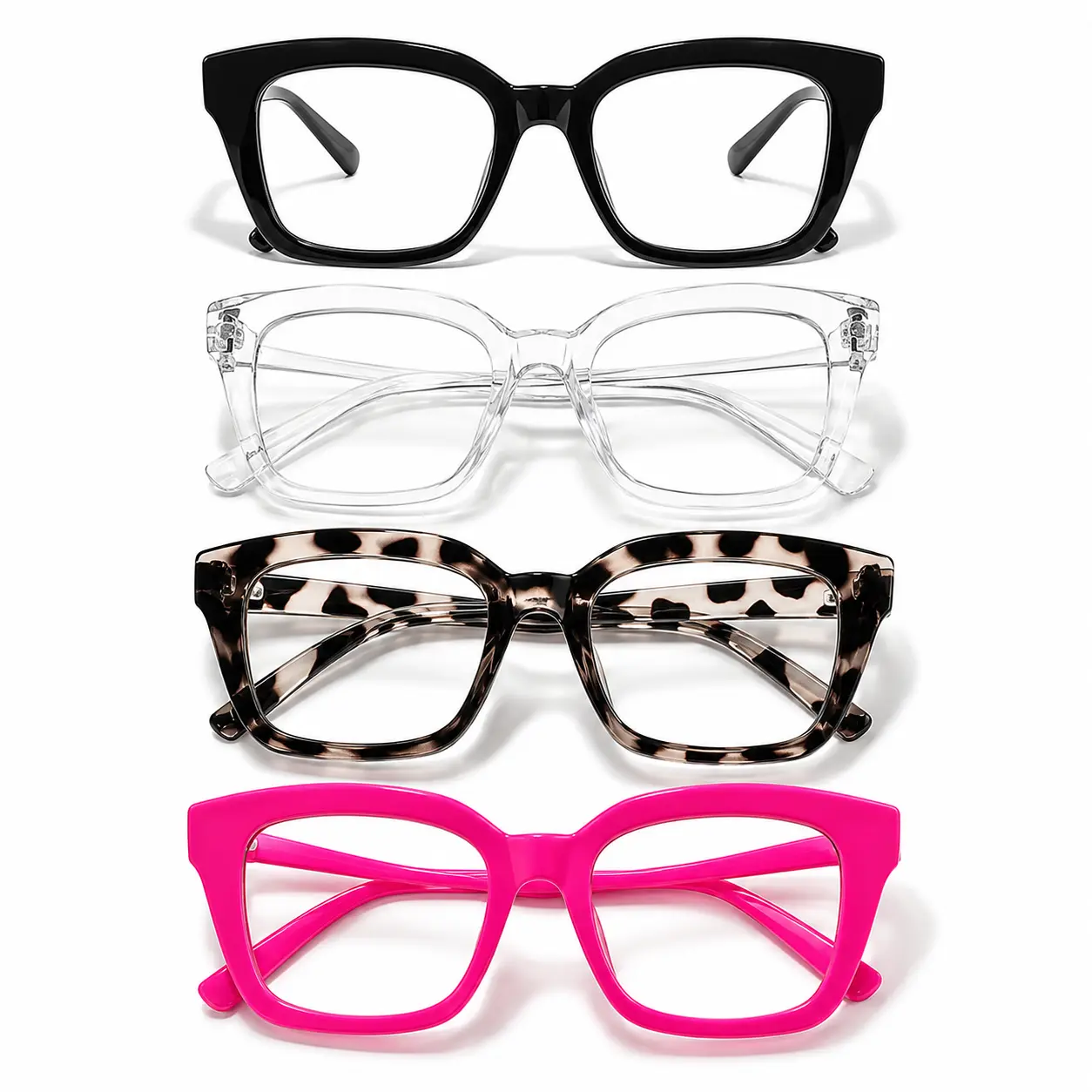 4-Pack Women’s Oversized Square Fashion Glasses, Clear Non-Prescription Eyewear in Black, Clear, Tortoiseshell and Pink for Daily Wear