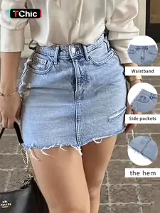 Women's Denim Skirt, Fashion Casual Elegant Fitted Chic Ripped Skirt for Daily Outdoor Wear, Ladies Bottoms for Summer