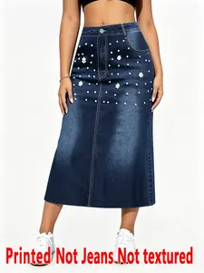 Women's Denim Print Long Skirt, High-Waisted Loose-Fit Casual Skirt, All-Over Print, Natural Waist, Spring & Summer Fashion, Bottom