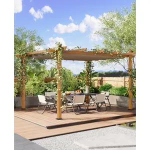 Retractable Canopy Aluminum Pergola, Wood Grain Finish, Heavy-Duty Waterproof Pavilion with UPF 50+ Sun Protection for Patio Backyard Poolside
