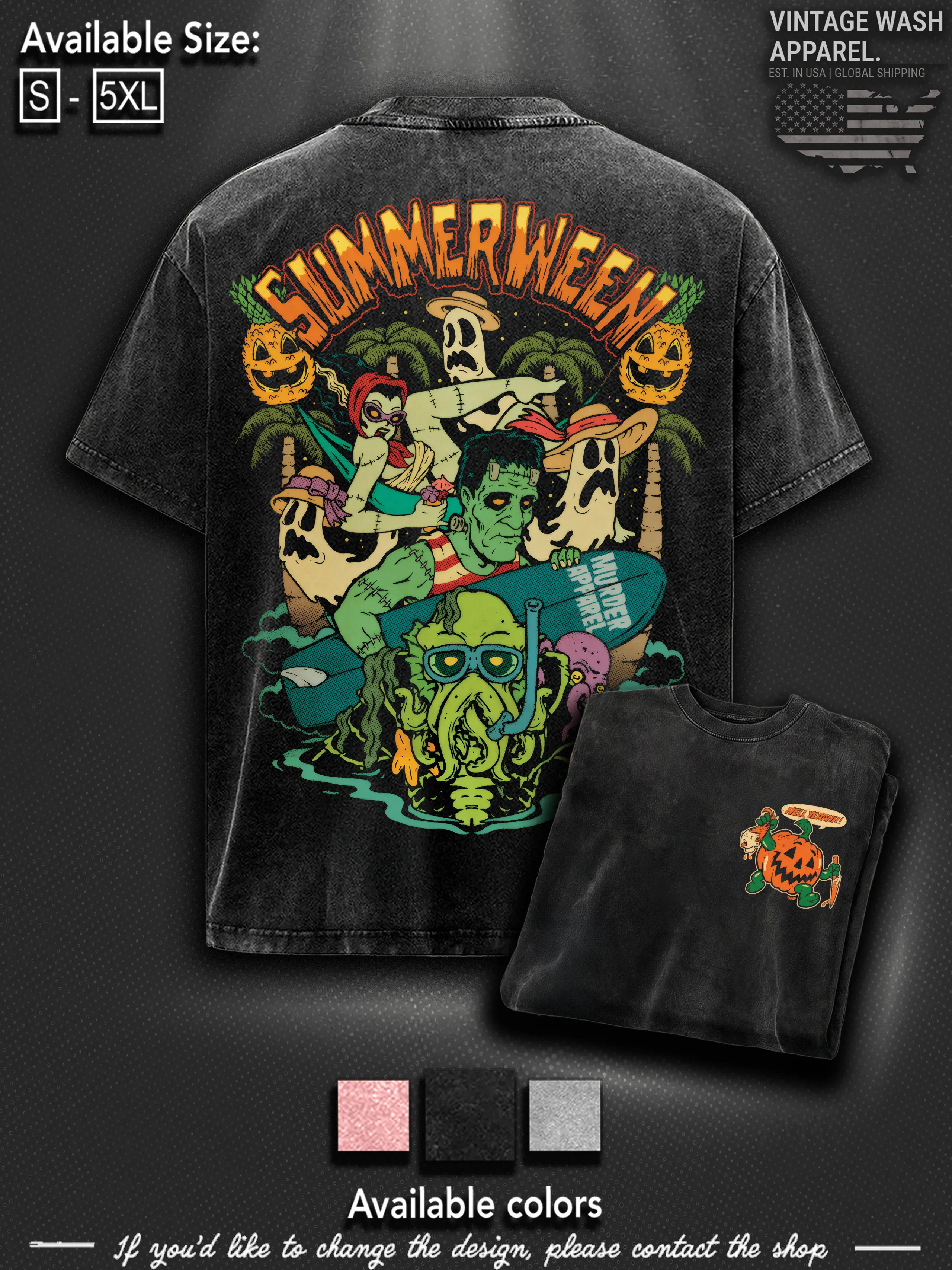 Summerween Horror Tee – Washed T-Shirt Cotton Menswear Top | Smooth Streetwear Prints for Man, Casual Classic Gaming Style Fabric