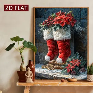 1pc Christmas Canvas Wall Art with Red Stockings Poinsettia Holly Decor Print High-Definition Premium Quality Painting Xmas Fireplace Mantel Snow Pinecone Artwork Living Room Bedroom Kitchen Holiday Decoration Festive Winter Seasonal Poster