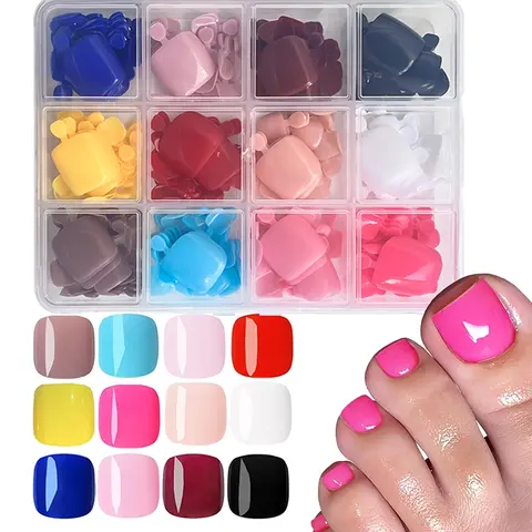 288pcs Glossy Colored Press on Toenails Kit - Dopamine 12 Colors Short Square Fake Toe Nails, Summer Shades, Natural Artificial Nail Tips, Removable Nail, Suitable for Women, Daily, Acrylic Press Nail, Toe Nail Press Ons